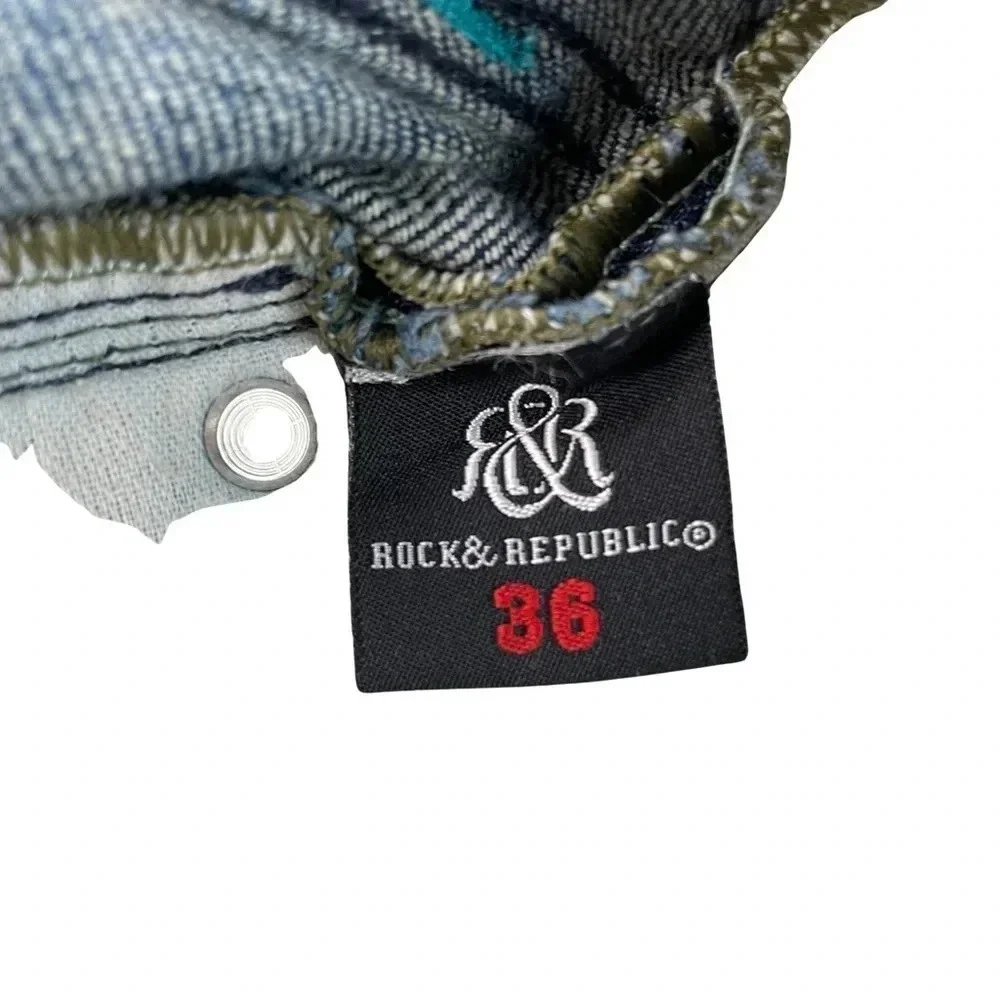 Rock & Republic Boot Embellished Pocket Jeans • 36 • Button Fly • Teal stitching - Picture 7 of 10